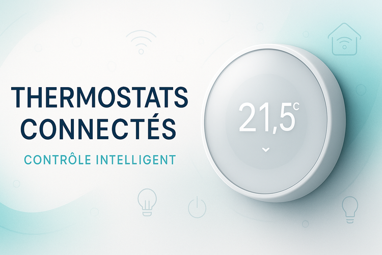 Bannière moderne et élégante pour une boutique en ligne de thermostats connectés, style high-tech et minimaliste. Fond clair avec des touches de bleu et vert pour rappeler l’énergie et l’écologie. Un thermostat intelligent au centre, affichant la température sur un écran digital lumineux. Ambiance technologique et futuriste, avec des icônes de maison connectée discrètes en arrière-plan. Format horizontal, haute résolution, idéal pour une page d’accueil e-commerce. en francais et professionnelle