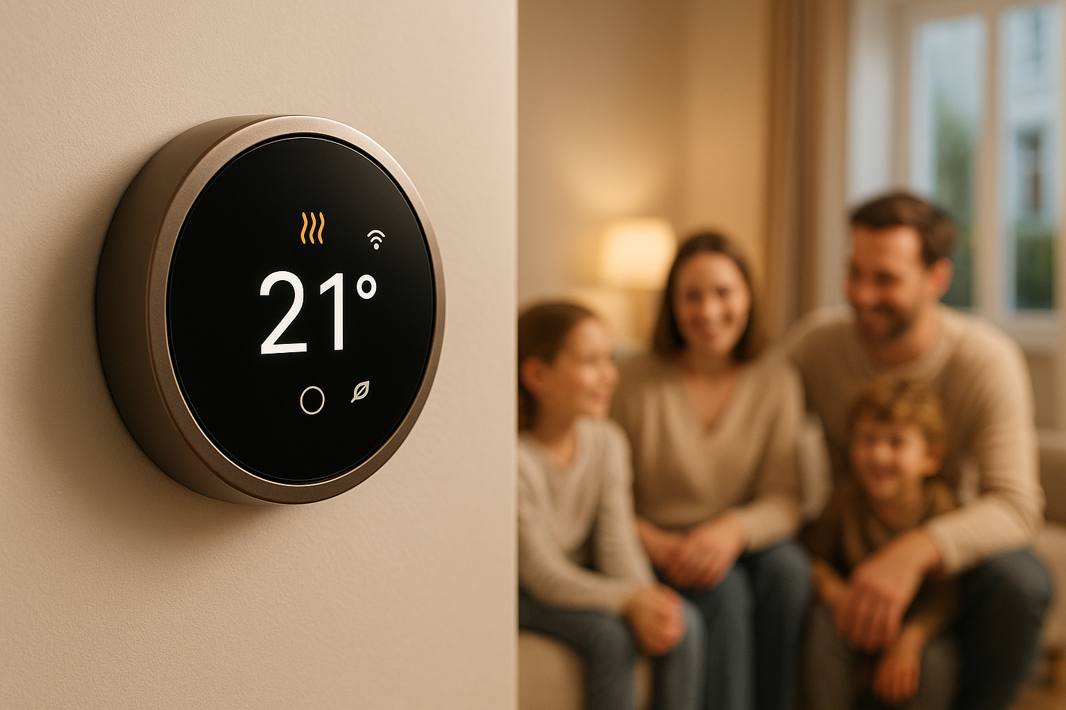 "Un thermostat intelligent moderne au design minimaliste et élégant. Écran  noir avec affichage numérique lumineux (température 21°C), entouré d’une bague métallique mate (argent ou bronze). L’interface affiche des icônes simples (chauffage, Wi-Fi, économie d’énergie). Fond clair et épuré, ambiance chaleureuse avec une touche de technologie smart home. Style réaliste, rendu 3D premium." dans une masion avec une famille 